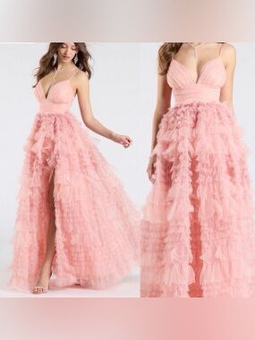 Windsor Amabella ruffled glitter tulle ball gown Sz S Coral Peach Formal Dress